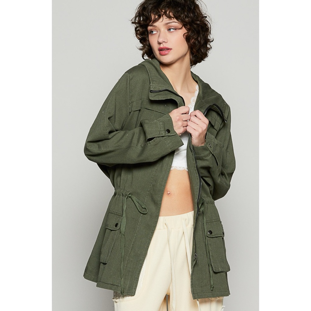 POL Olive Utility Jacket with Plaid Lining | Drawstring Waist Cargo Jacket
